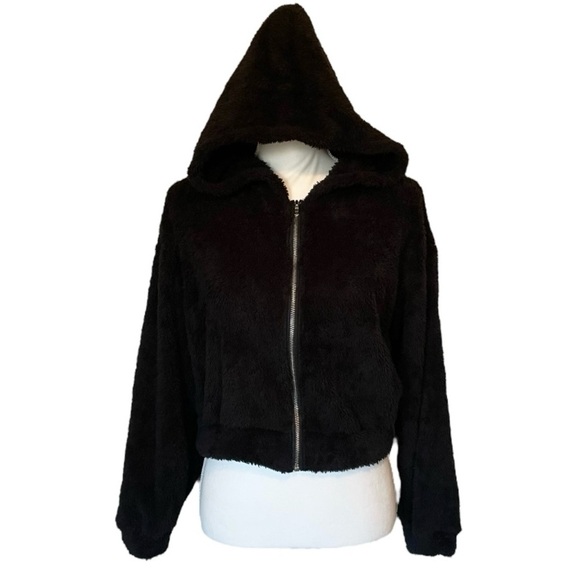 Black Hooded Super Soft Cropped Teddy Zip Up Jacket Women’s Small - Picture 13 of 13